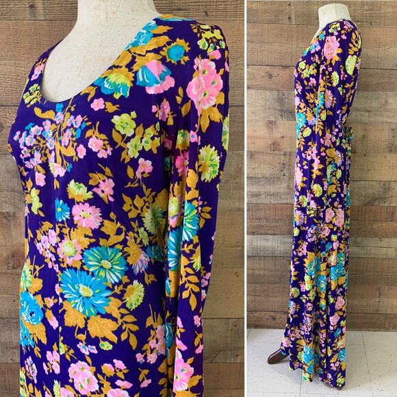 Vintage 1960s 1970s Psychedelic Boho Mod Floral Maxi Dress Tie Waist Size S/M - Picture 3 of 9